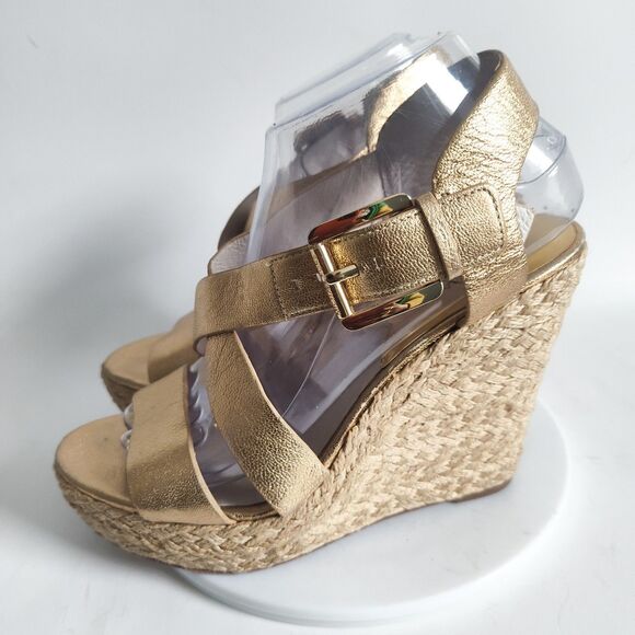 Michael Kors Espadrille Sandals Size 8.5 Platform Gold Leather Giovanna 5" Wedge - Picture 4 of 14